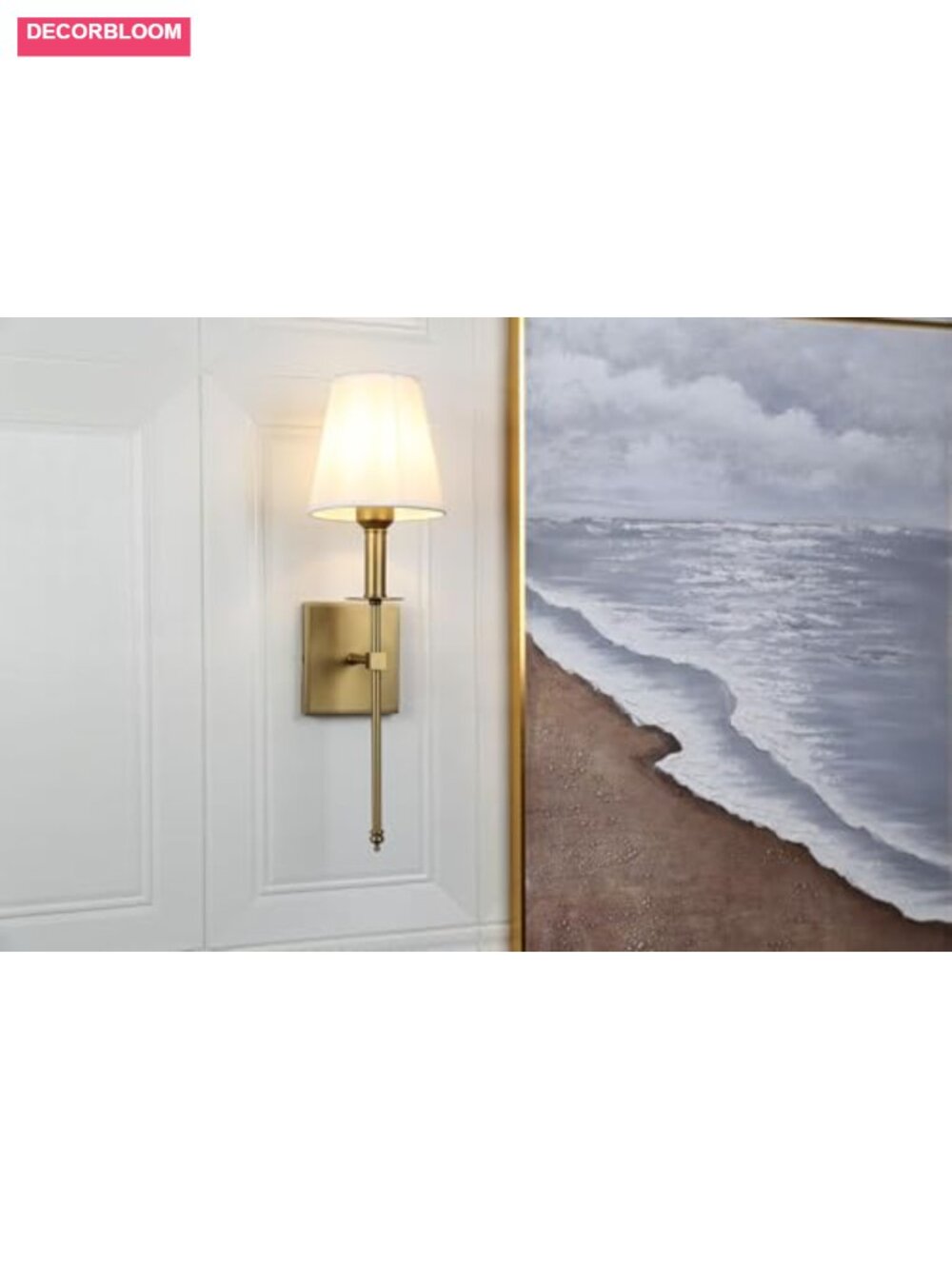 Set of 2 Industrial Wall Sconces with Flared White Fabric Shades, Brass Finish, - Picture 4 of 5